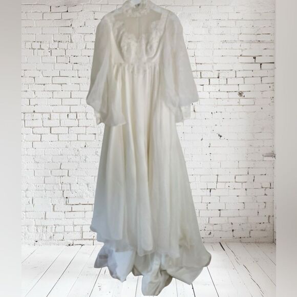 Vntg. Alfred Angelo Chiffon Wedding Dress High Neck Long Sleeves Bridal Gown - Picture 14 of 16